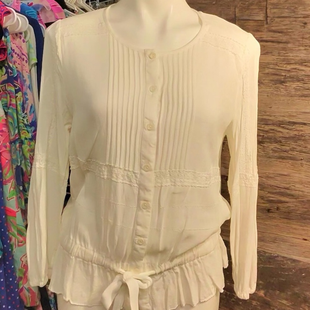 Chico's Cream Pleated Button & Tie Front Blouse